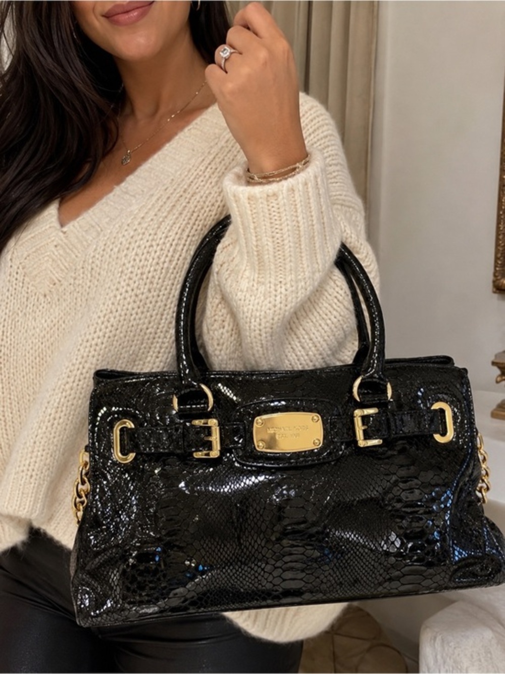 MICHAEL Michael Kors Black Phyton Effect Leather East West Hamilton EX COND